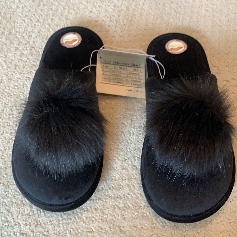 Black Pom Pom slippers, brand new with tags!